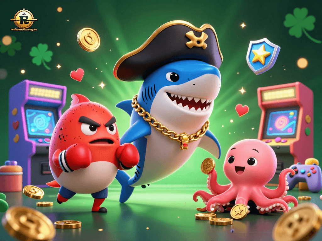 Engaging scene depicting redandwhitemagzn with a pirate shark, pufferfish, and octopus amidst vibrant casino elements.