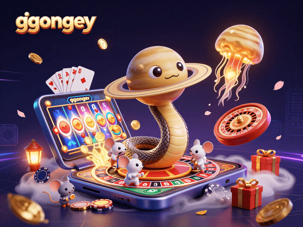 Bet on cosmic gaming with ggongey at the roulette wheel in a vibrant casino scene.