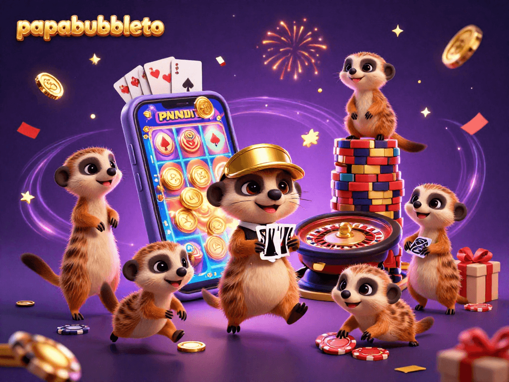 Experience the thrill of gambling at papabubbleto with engaging meerkat characters in an interactive casino scene.