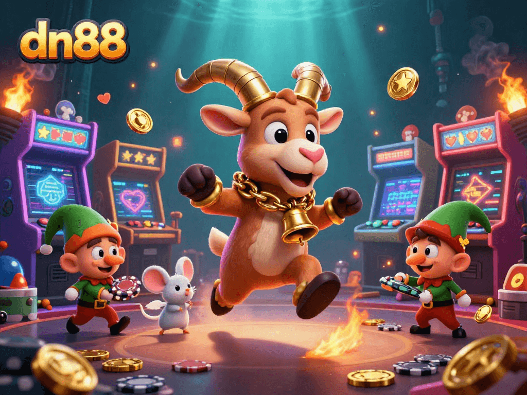 Experience excitement at dn88 with a festive casino scene featuring characters in dynamic action.