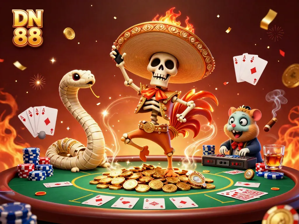 Engage with DN 88's vibrant casino scene featuring a mariachi rooster and golden coins.