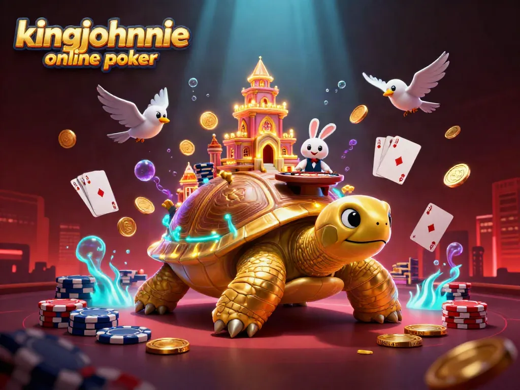 Experience the excitement of kingjohnnie online poker with vibrant 3D illustration featuring a golden tortoise and interactive elements.