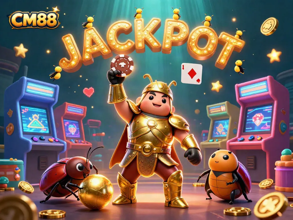 CM88 offers a vibrant gaming experience showcasing a victorious beetle with poker chip and jackpot elements.