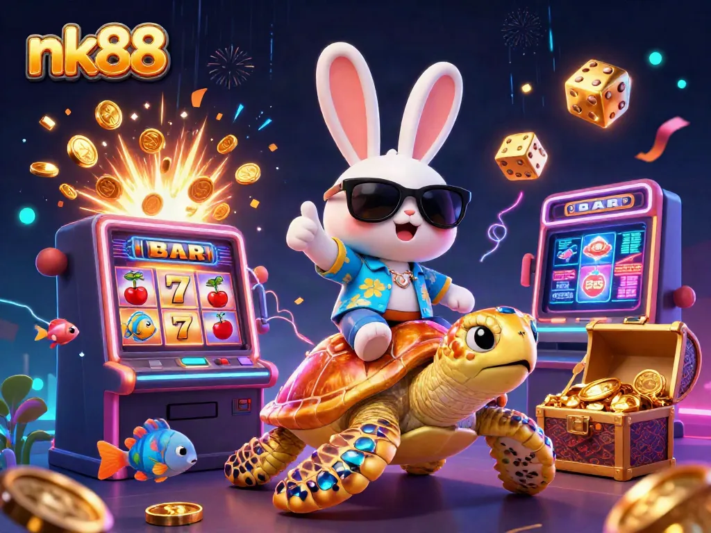 Bet on nk88 with energetic lucky rabbit and golden sea turtle celebrating big wins.