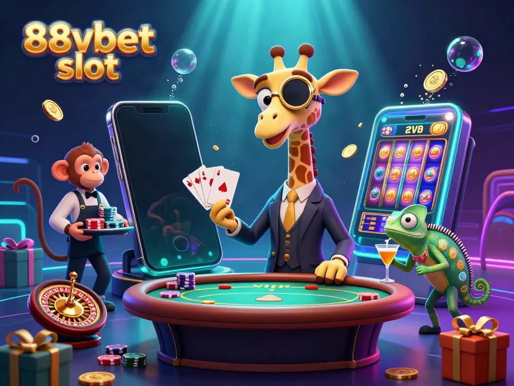 Experience the thrill of 88vbet slot with vibrant characters celebrating at a casino.
