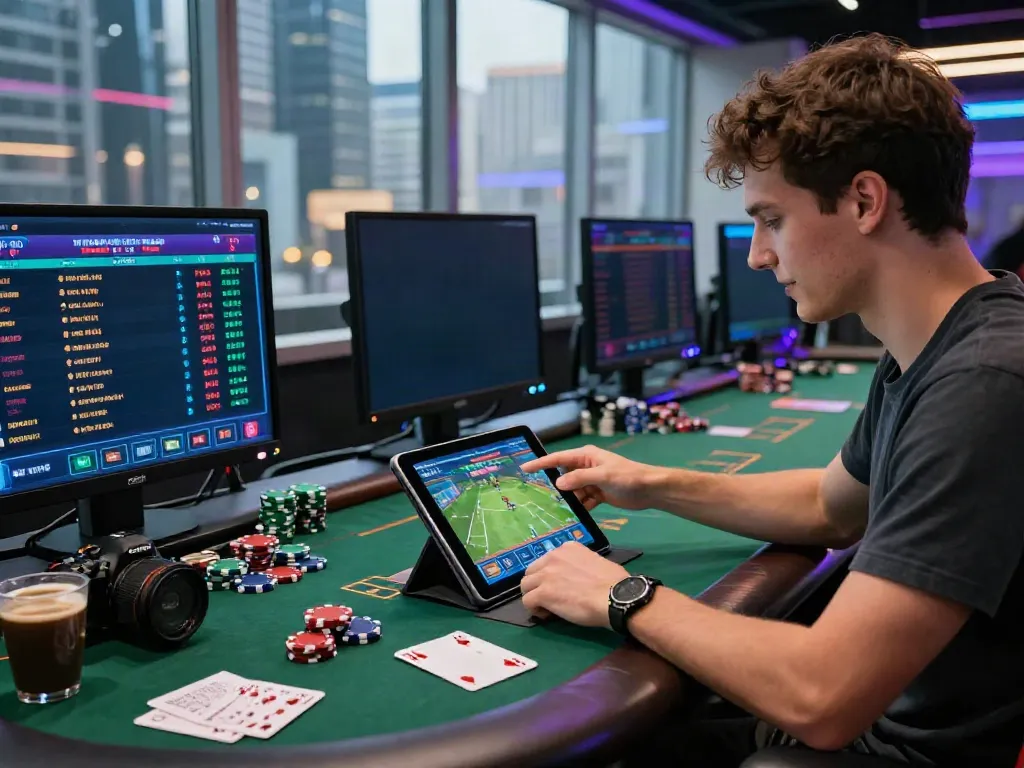 Engaging online betting scene showcasing red88 gaming excitement with sports statistics and vibrant setup.