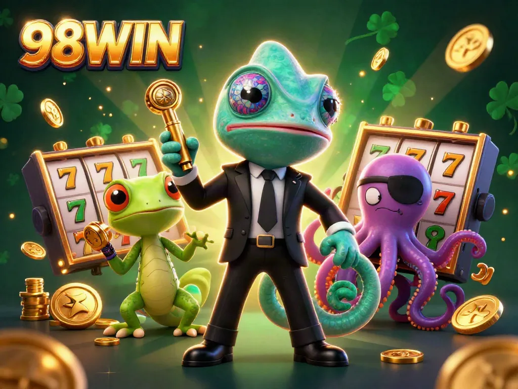 Celebrate big wins with 98WIN in this vibrant 3D casino illustration featuring lively game elements.