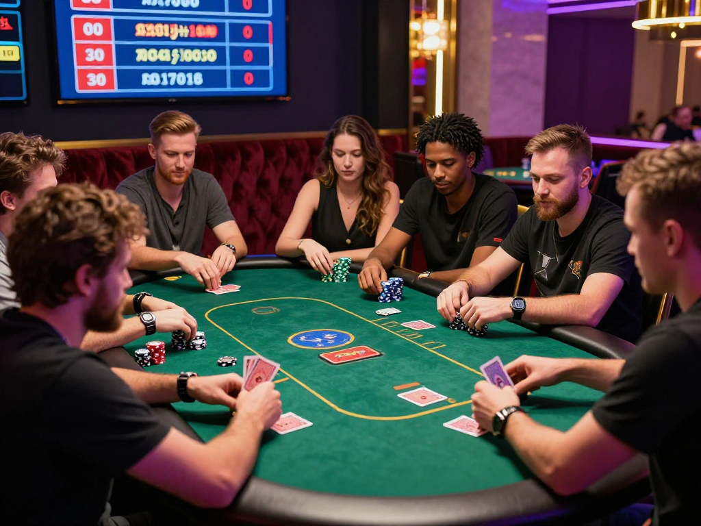 Giocatori entusiasti in un casinò sicuro non AAMS, coinvolti in una partita di poker con decorazioni eleganti.