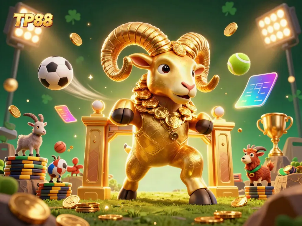 Join the excitement at TP88 with a golden ram charging through a dynamic gambling scene filled with sports balls and trophies.