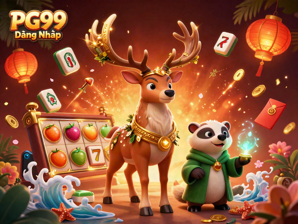 Engage with PG99 Đăng Nhập through this vibrant scene of casino excitement, featuring mystical characters and lively gaming elements.