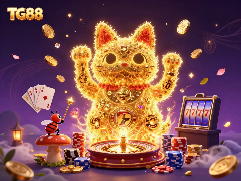 Engage with TG88's vibrant casino experience featuring a golden lucky cat and sparkling game symbols.