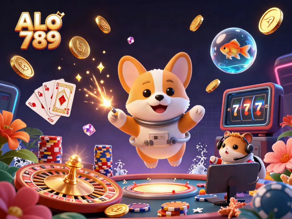 Experience the thrill of ALo 789 with a vibrant 3D casino scene featuring an astronaut corgi and golden treasures.