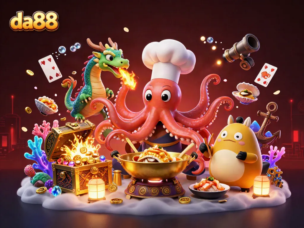 Engage in thrilling wins at da88 with a vibrant illustration of a whimsical octopus chef and playful casino elements.