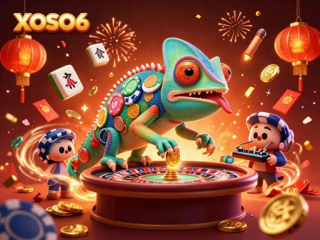 Experience the excitement of XOSO66 with a vivid scene of a colorful chameleon casino owner amidst rich gaming elements.