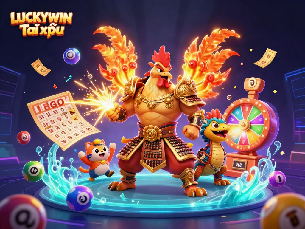 Experience winning excitement with LUCKYWIN Tài xỉu in a vibrant 3D illustration.
