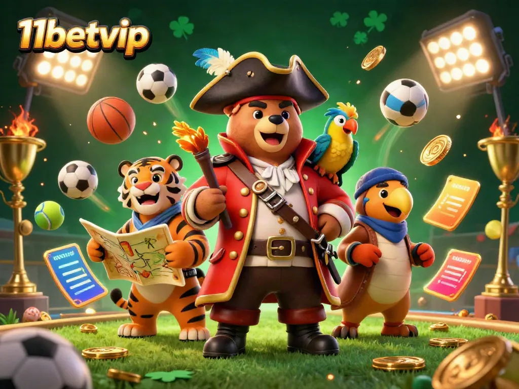 Engage with 11betvip's thrilling sports betting scene featuring dynamic pirate characters and vibrant game elements.