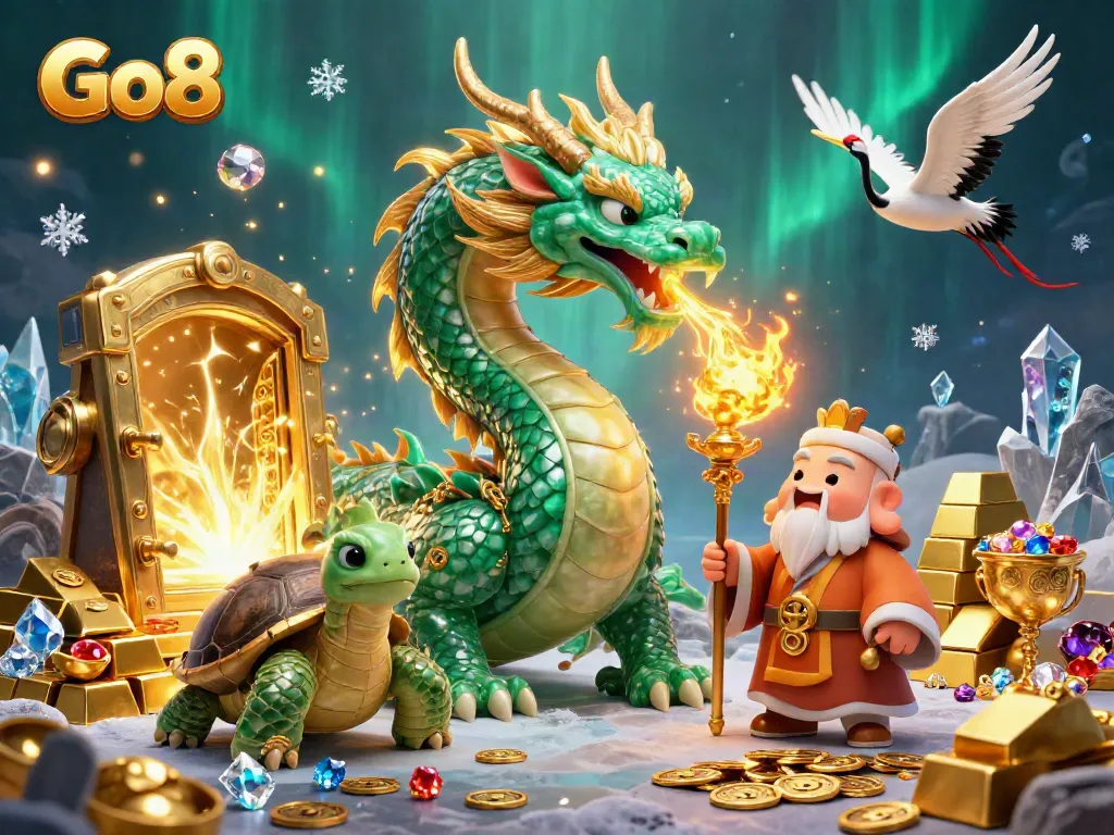 Engage with Go8's vibrant casino adventure featuring a jade dragon, turtle sage, and lucky cranes.