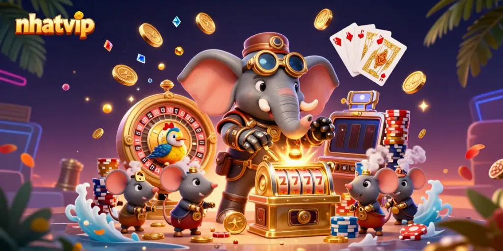 Nhatvip engages players with a thrilling steampunk casino scene featuring a mechanical elephant and swirling gold.