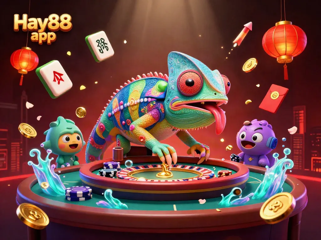 Experience the excitement of the Hay88 app with a vibrant 3D casino illustration teeming with energy.