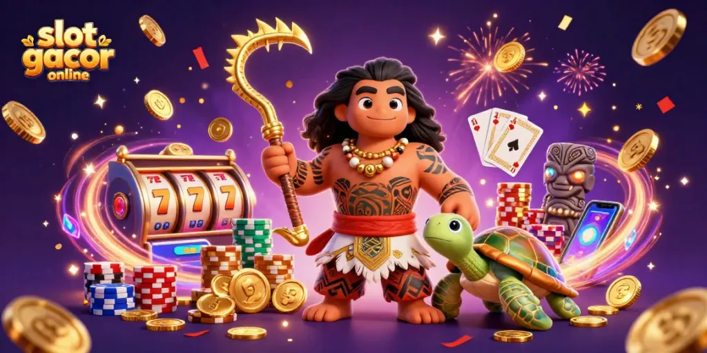 Spin the reels and win big with slot gacor online's vibrant cartoon illustration showcasing jackpot action.