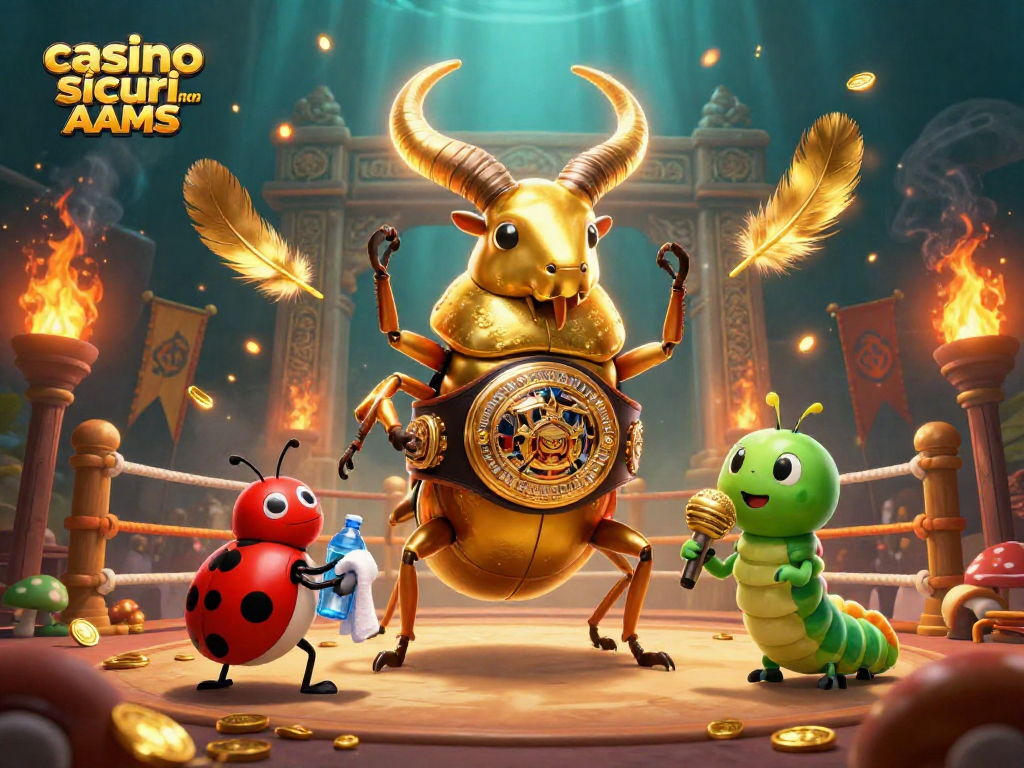 Immagine vivace di un combattimento tra insetti con il logo dei casino sicuri non AAMS al centro, in un'arena di gioco.
