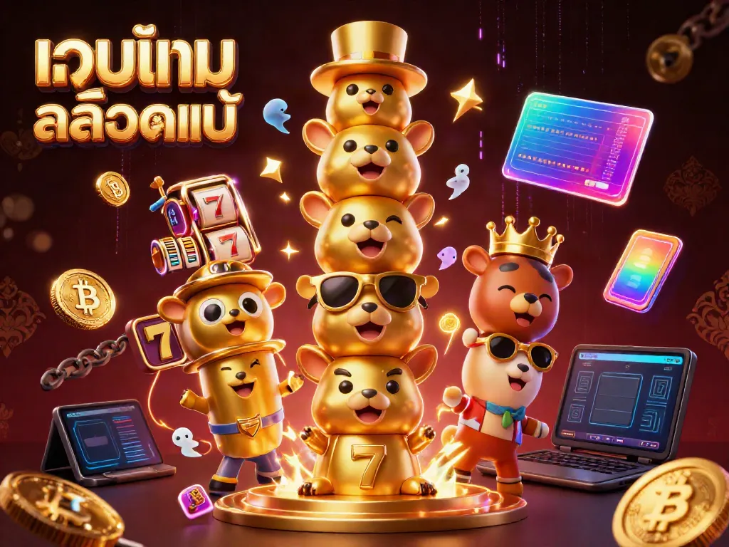 Engage with the vibrant scene of เว็บเกมสล็อตแท้, showcasing a lively totem pole surrounded by slot reels and animated currency coins.