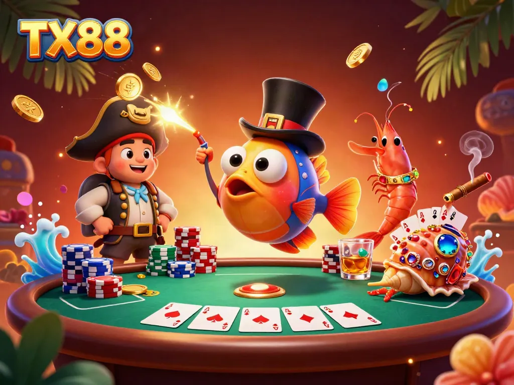 Engage in thrilling poker action with TX88 featuring vibrant casino characters at a dynamic game table.