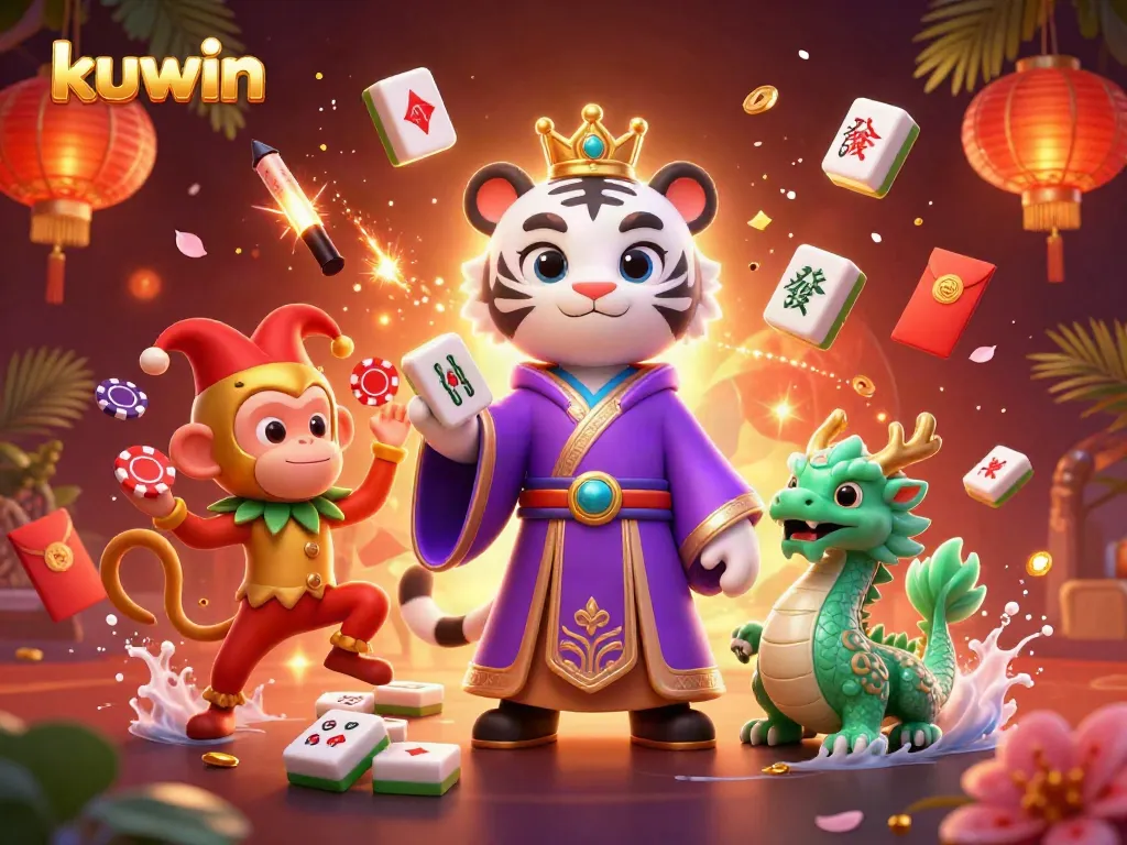 Kuwin’s vibrant promotional illustration featuring a white tiger, golden monkey, and jade dragon, embodying excitement and fun in gambling.