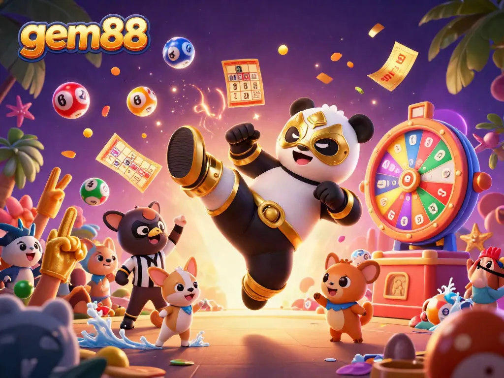 Experience thrilling moments at gem88 with a panda wrestler kicking and a chihuahua referee in a vibrant, dynamic casino scene.
