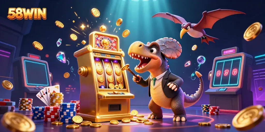 Experience the thrilling jackpot win at 58WIN as prehistoric dinosaurs engage in a chaotic casino scene.