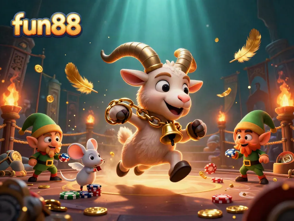 Experience the thrill at fun88 with a chaotic casino scene featuring cartoon characters interacting with gambling elements.