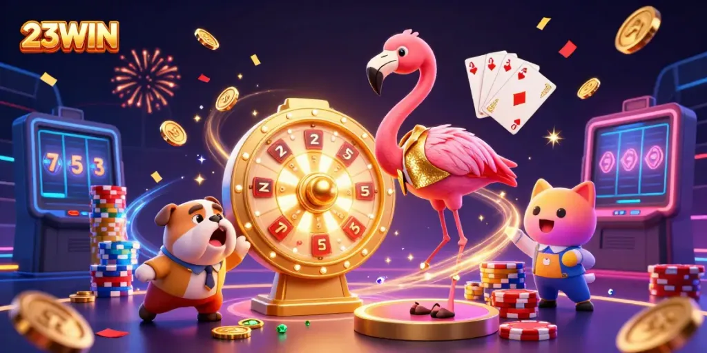 23WIN gaming experience with a vibrant flamingo game show host, excited bulldog contestant, and sparkling casino elements.