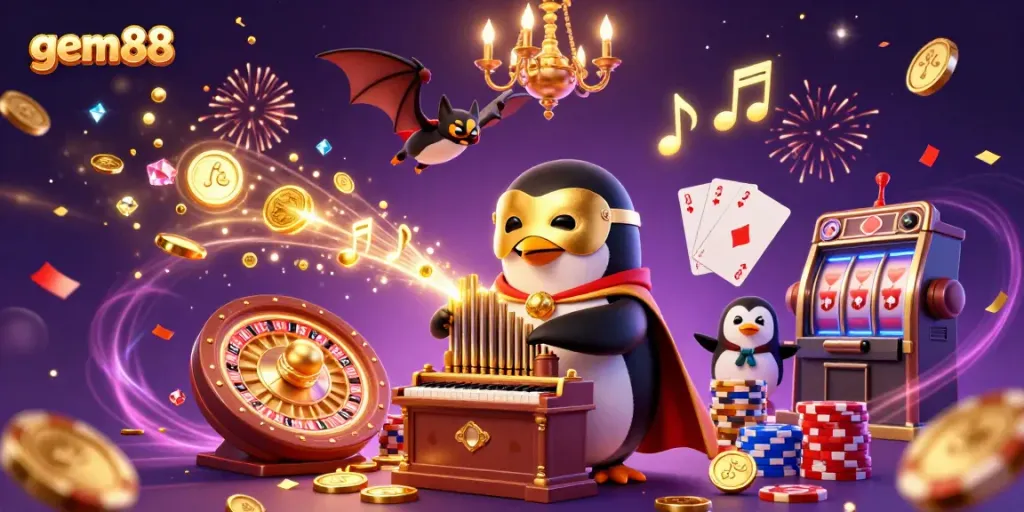 Experience gem88's excitement with a whimsical scene of a penguin and bat acrobat in a vibrant casino