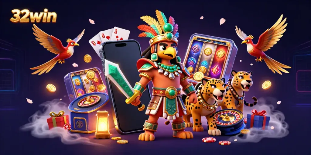 Experience the excitement of 32win with an Aztec warrior surrounded by dynamic slot game elements.