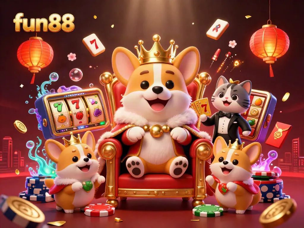 Engage with fun88's thrilling slot adventure featuring a crowned corgi in a rich casino environment.