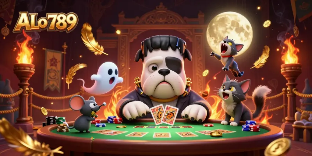 Engage in thrilling gameplay at ALo 789, featuring a cartoon bulldog dealer amidst a dynamic casino scene.