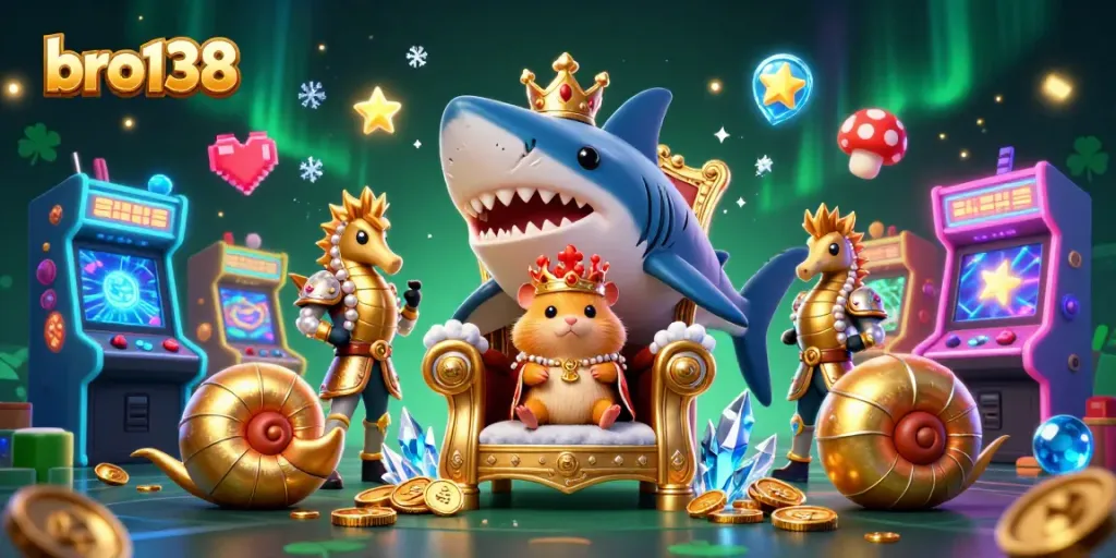 Engage with bro138's vibrant gaming scene featuring a golden hamster king amidst arcade elements.