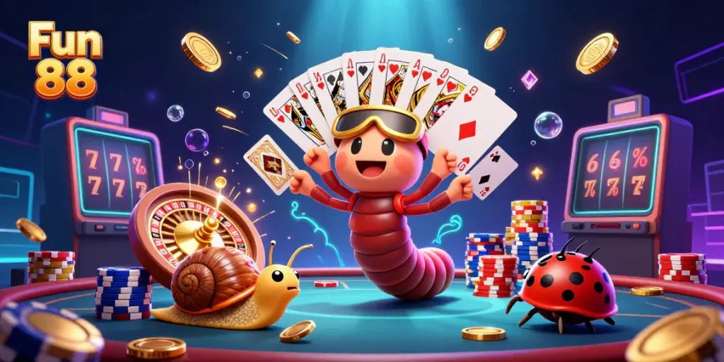 Join the fun at Fun 88 with a vibrant 3D casino scene featuring colorful characters and exciting gaming elements.