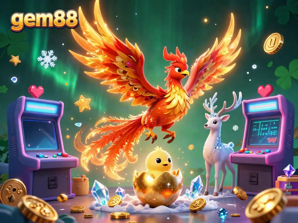 Experience thrilling gameplay with gem88 as a phoenix rises amidst vibrant arcade games and casino elements.