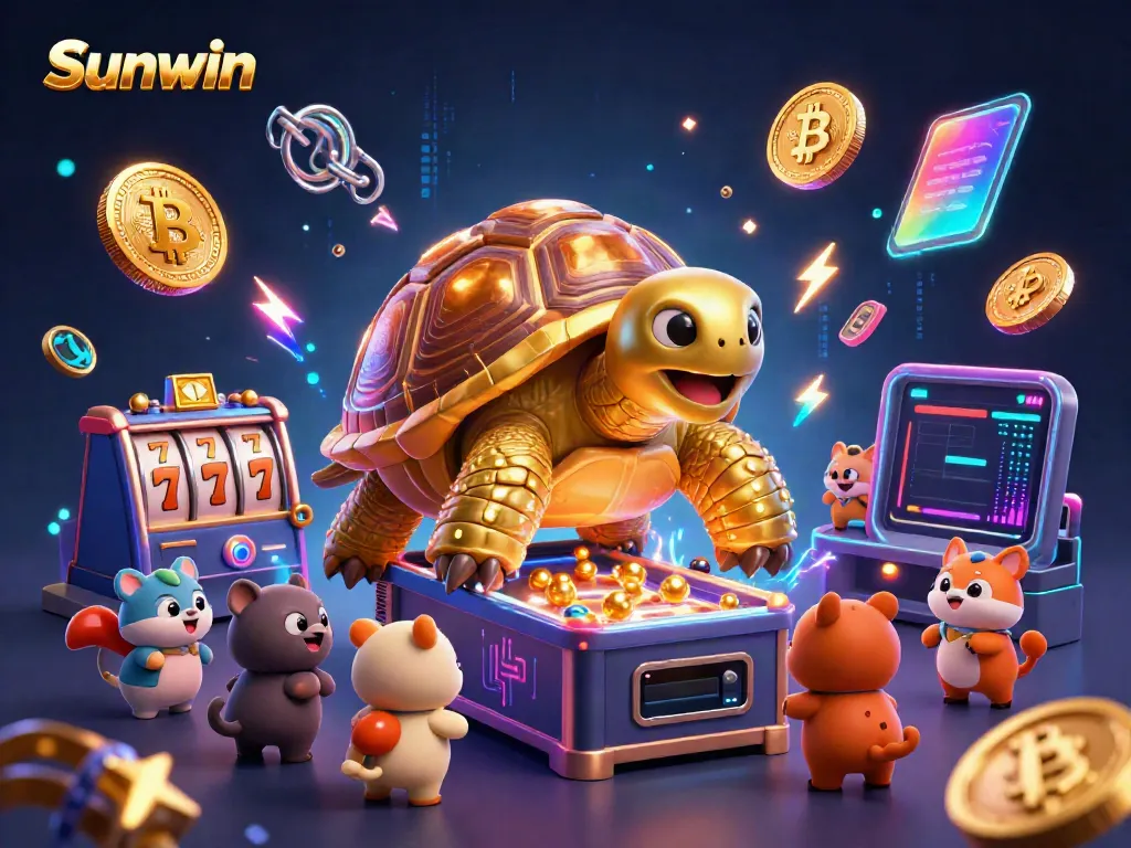 Engage with Sunwin's exciting casino games featuring a colossal golden tortoise and vibrant slot elements.