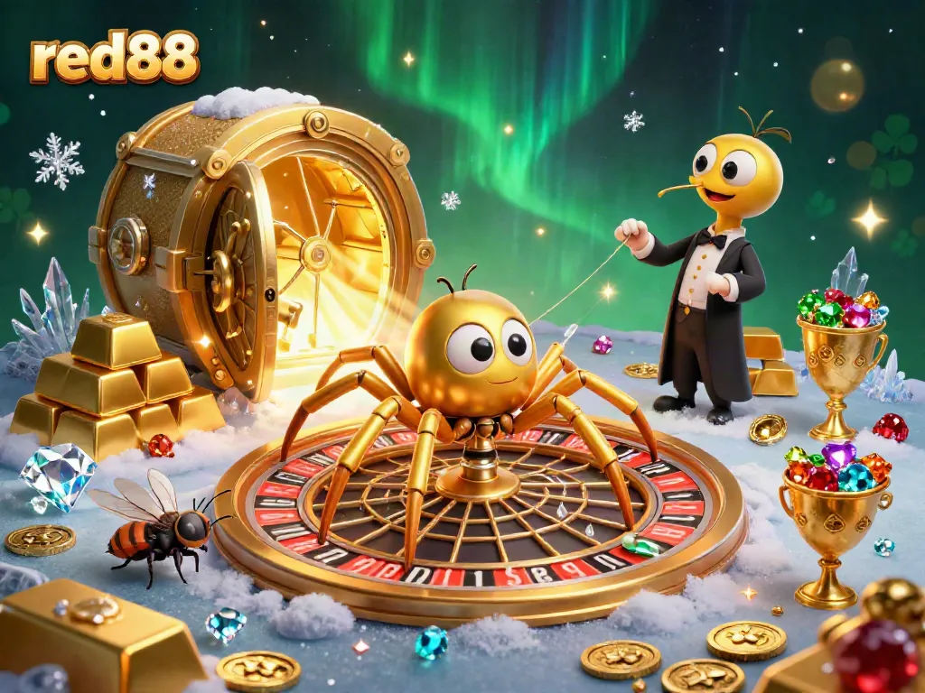 Experience the thrill of red88 as a fly nervously places bets on a roulette wheel web spun by a golden spider.