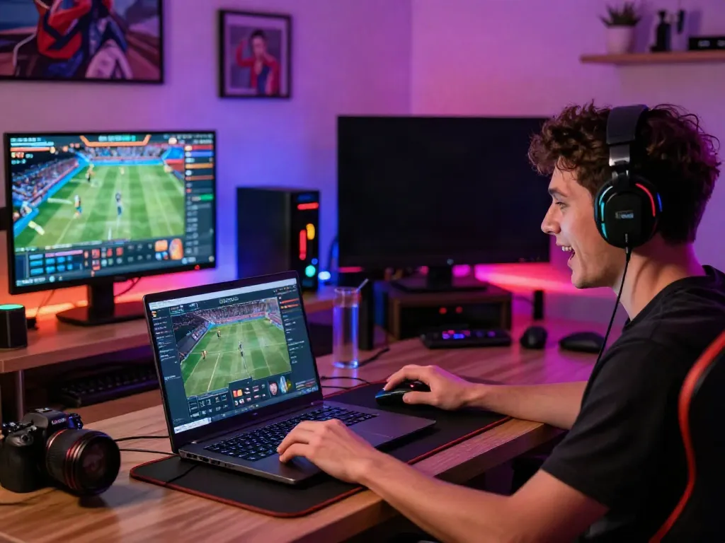 Engaging user playing on Net88 platform in vibrant gaming room.