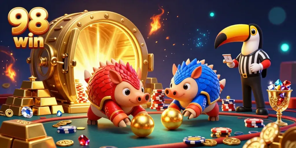 Engaging scene of pangolins bowling poker chips celebrating 98 win casino thrills.