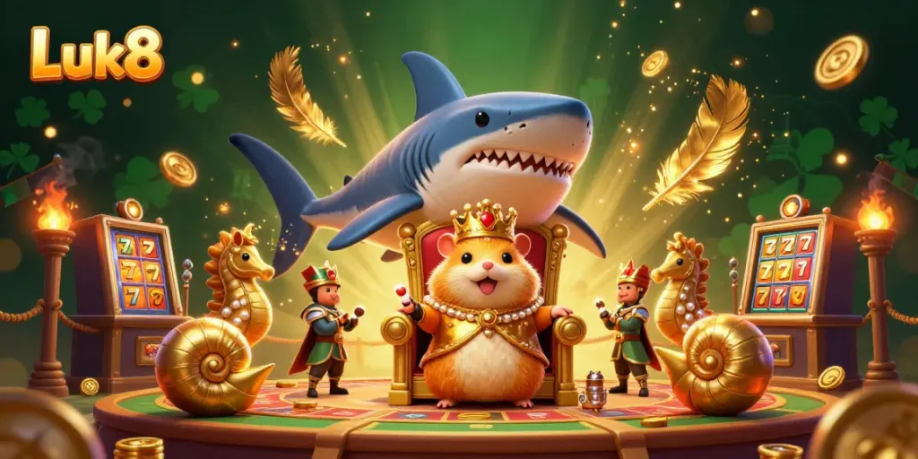 Luk8 casino scene featuring a golden hamster king on a shark tooth throne with slot machines and lively characters.
