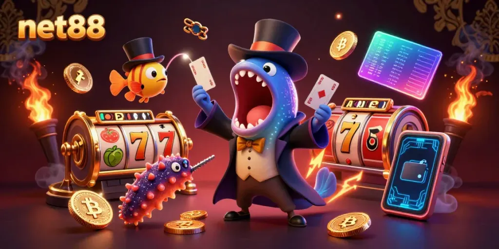 Experience thrilling slot action with net88, showcased through vibrant 3D characters and casino elements.