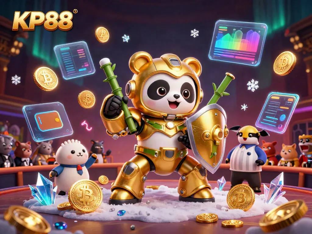 KP88 casino illustration with a mech-suit panda and cryptocurrency elements showcasing vibrant gambling energy.