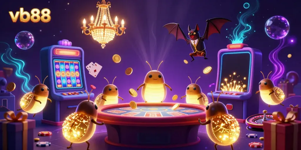 Experience the thrill with vb88 as glowworms illuminate an exciting casino scene with vibrant games and colorful elements.
