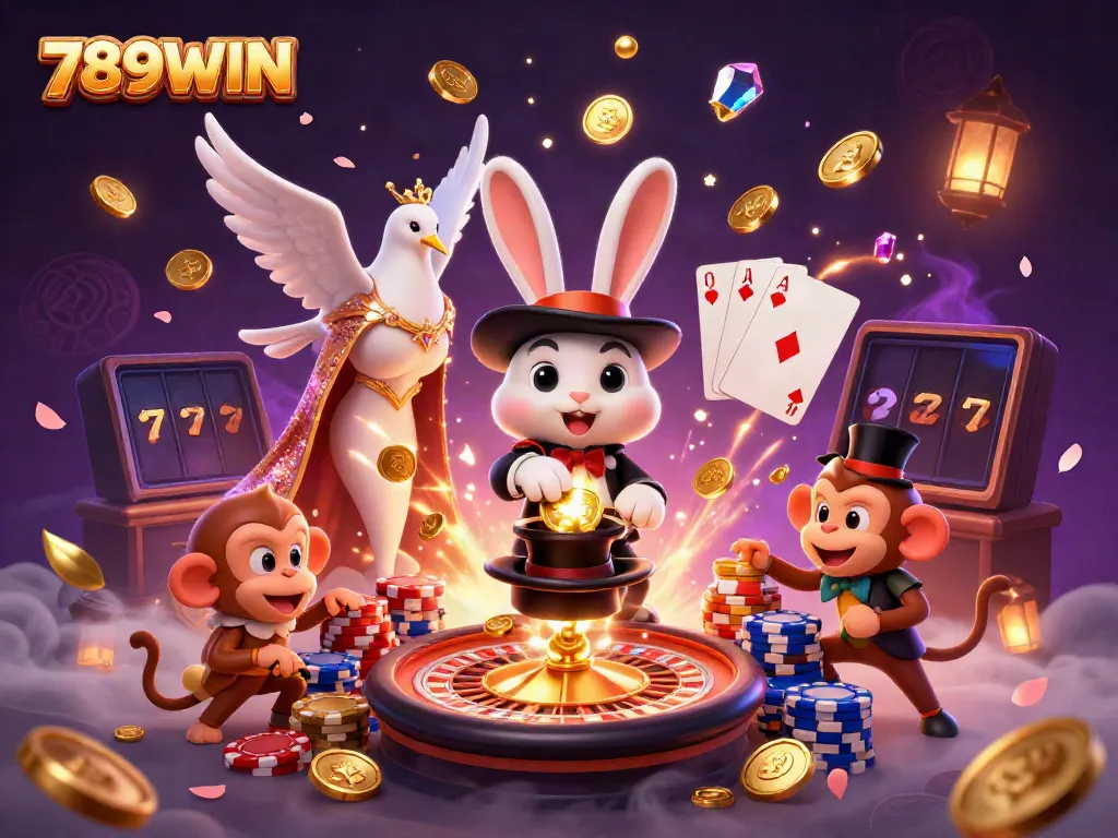 Join the magic at 789WIN with a dazzling scene of a magician rabbit, a dove, and a monkey showcasing casino excitement.
