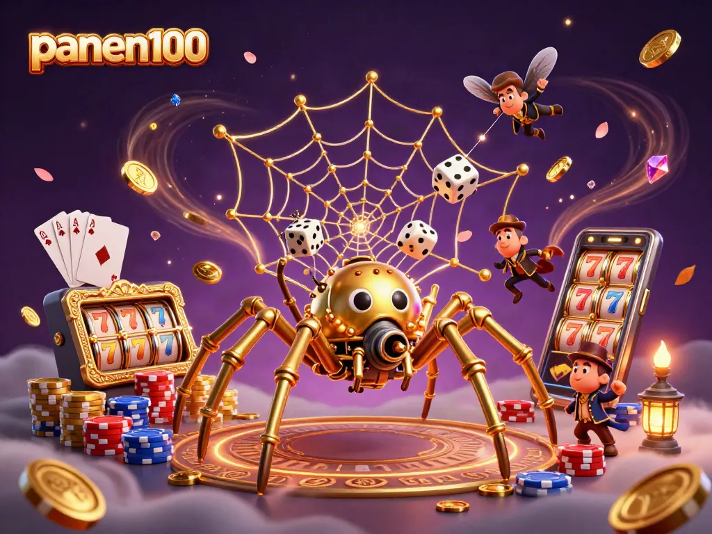 Engage in thrilling games at panen100 with a steampunk golden spider and dazzling slot reels.