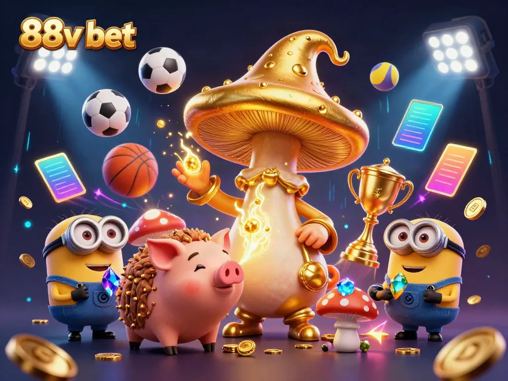 Experience the excitement of 88v bet with a magical scene of a golden mushroom wizard and treasure as you bet on sports.